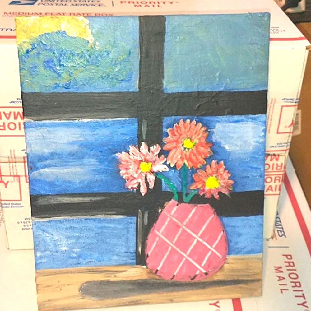 8x10 flowers on a window cill HAND PAINTED